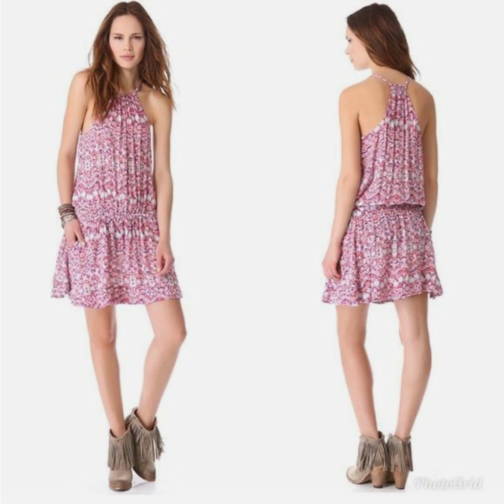 Free People Simone Batik Print Drop Waist Pink Boho Halter High Neck Mini Dress
